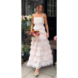 Anne Louise Boutique Maxi Dress Lovette Pink & Cream Floral Lace Tiered